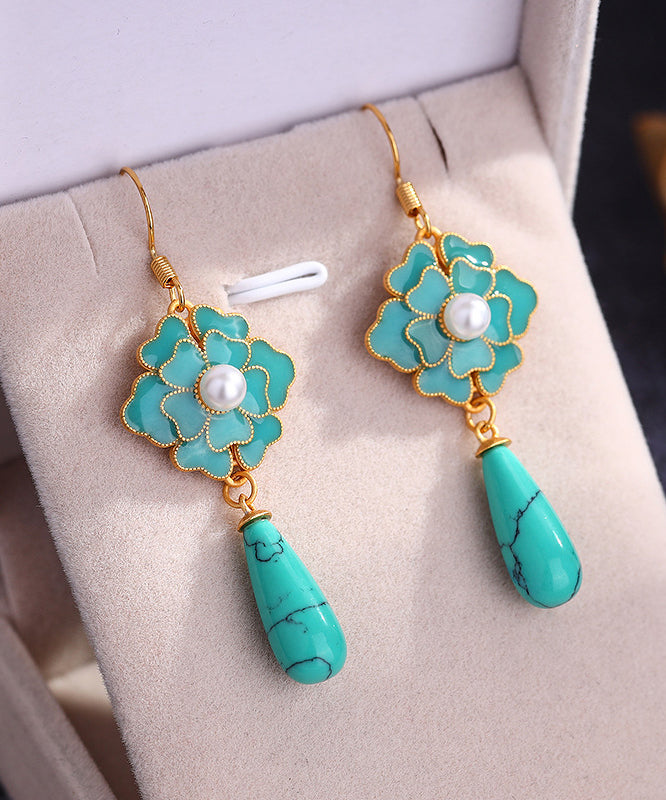 Women Grass Green Floral Gold Plated Turquoise Drop Earrings