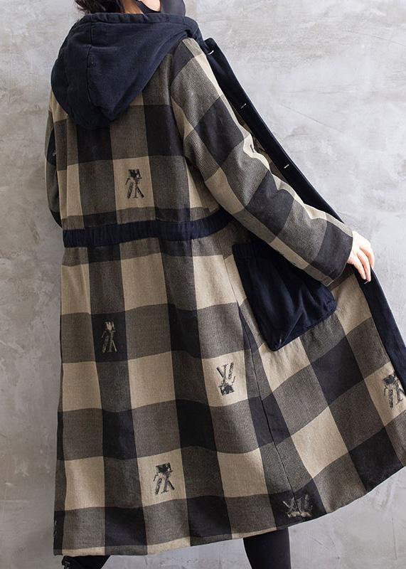 Women Gray Plaid Overcoat Hooded Drawstring Coats - SooLinen