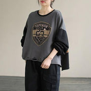 Women Gray alphabet Prints cotton Tunics for women Patchwork daily Spring top - SooLinen