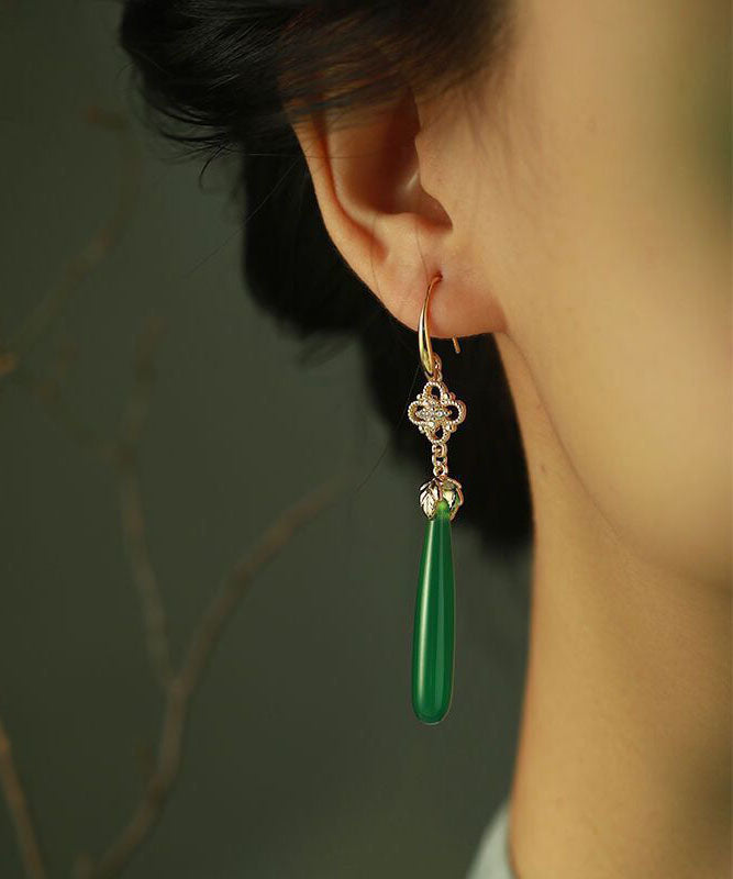Women Green Agate Copper Overgild Tassle Drop Earrings