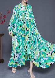 Women Green Asymmetrical Print Chiffon Ankle Dress Spring