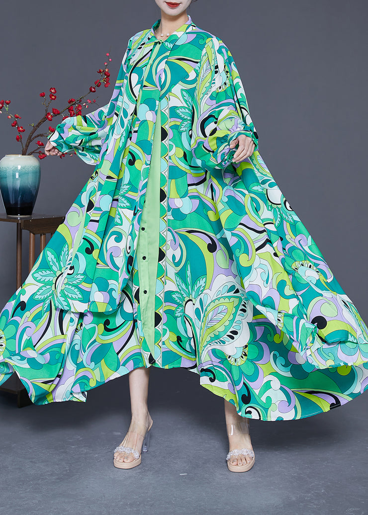 Women Green Asymmetrical Print Chiffon Ankle Dress Spring