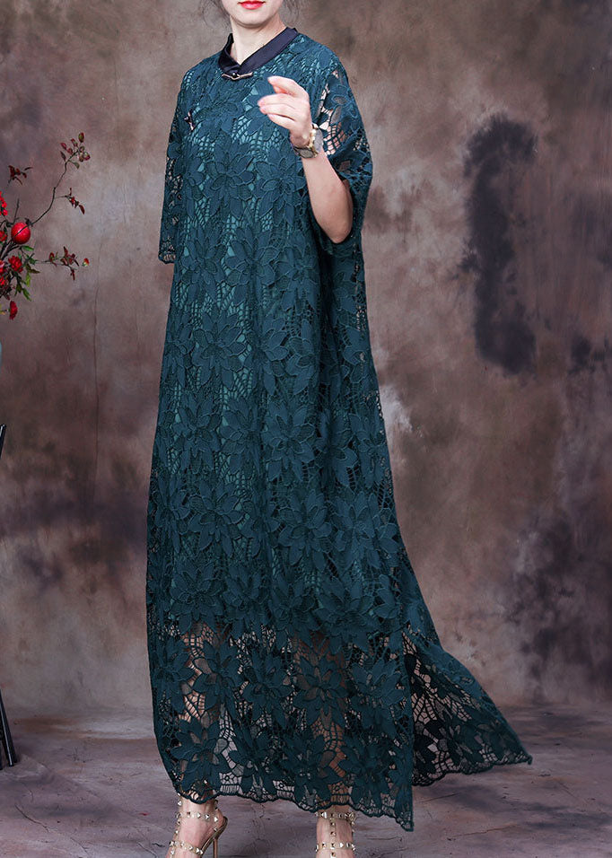 Women Green Button Embroidered Side Open Lace Long Dress Half Sleeve