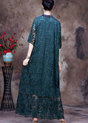 Women Green Button Embroidered Side Open Lace Long Dress Half Sleeve
