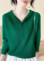 Women Green Button Hooded Knit Sweaters Spring