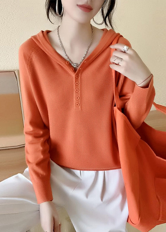Women Green Button Hooded Knit Sweaters Spring