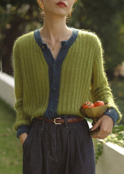 Women Green Button Patchwork Cozy Knit Top Long Sleeve