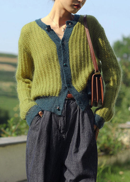 Women Green Button Patchwork Cozy Knit Top Long Sleeve