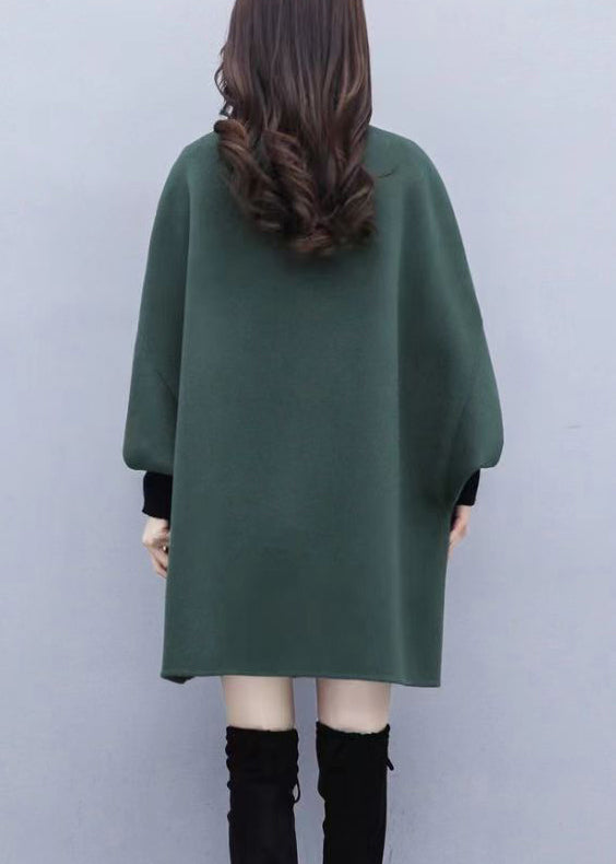 Women Green Button Pockets Patchwork Woolen Coat Fall