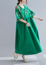 Women Green Cinched Print Long Dress Half Sleeve