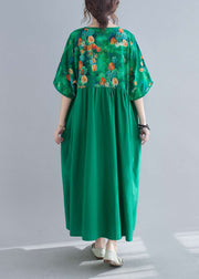 Women Green Cinched Print Long Dress Half Sleeve