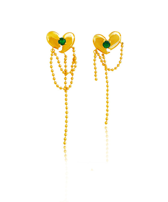 Women Green Copper Gold Plated Heart Zircon Drop Earrings