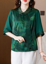 Women Green Double-layer Collar Patchwork Print Silk Top Half Sleeve