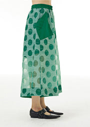 Women Green Elastic Waist Dot Print Tulle Fake Two Piece Pants Summer