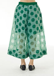 Women Green Elastic Waist Dot Print Tulle Fake Two Piece Pants Summer