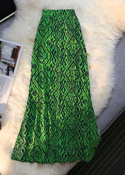 Women Green Elastic Waist Print Draping Silk Skirt Summer
