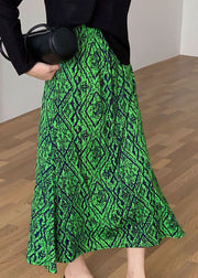 Women Green Elastic Waist Print Draping Silk Skirt Summer