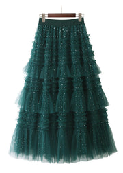 Women Green Elastic Waist Sequins Ruffled Tulle Skirts Spring