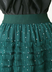 Women Green Elastic Waist Sequins Ruffled Tulle Skirts Spring