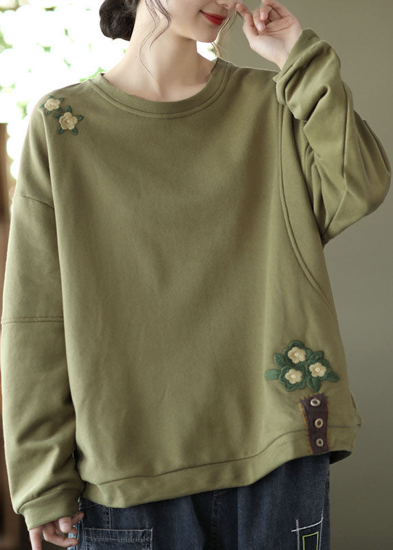 Women Green Embroidered Floral Cotton Loose Sweatshirt Spring