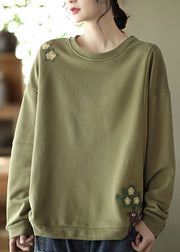 Women Green Embroidered Floral Cotton Loose Sweatshirt Spring
