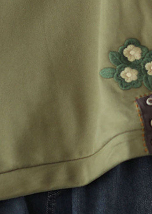 Loses Sweatshirt aus grüner Baumwolle mit besticktem Blumenmuster für Damen Frühling