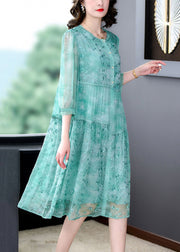 Women Green Embroidered Patchwork Silk Mid Dress Summer