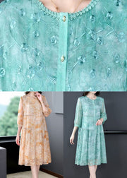 Women Green Embroidered Patchwork Silk Mid Dress Summer