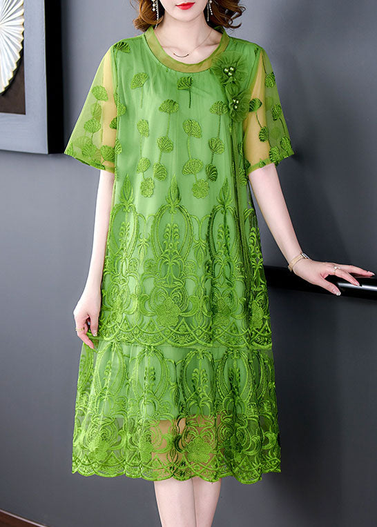 Women Green Embroidered Patchwork Tulle Dresses Short Sleeve