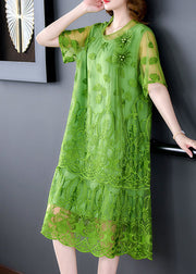 Women Green Embroidered Patchwork Tulle Dresses Short Sleeve