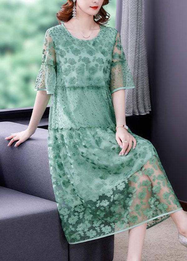 Women Green Embroidered Patchwork Tulle Holiday Dress Summer
