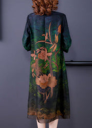 Women Green Embroidered Patchwork Zippered Silk Dresses Bracelet Sleeve