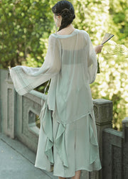 Women Green Embroidered Ruffled Cardigans And Spaghetti Strap Dress Chiffon Two Pieces Set Fall