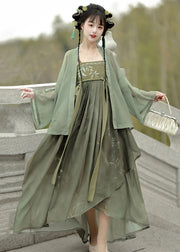Women Green Embroidered Tops And Spaghetti Strap Dress Two Pieces Set Fall