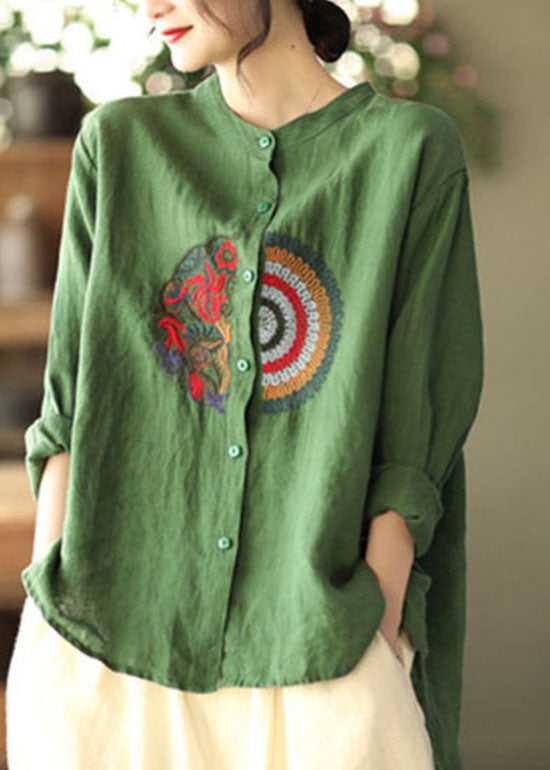 Women Green Embroidered asymmetrical design Linen Shirts Spring