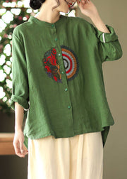 Damen Grün Gesticktes asymmetrisches Design Leinenhemden Frühling