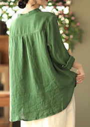 Women Green Embroidered asymmetrical design Linen Shirts Spring