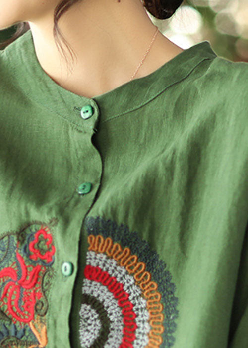 Damen Grün Gesticktes asymmetrisches Design Leinenhemden Frühling