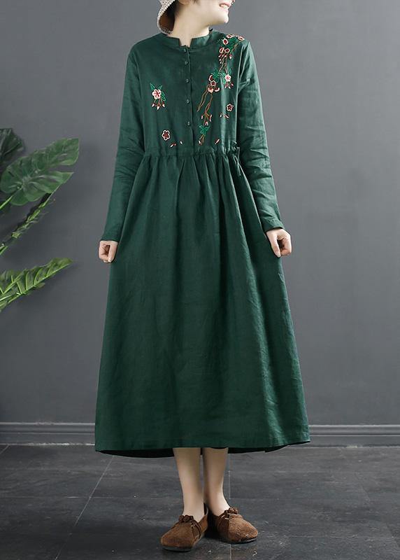 Women Green Embroidery Long Shirts Drawstring Dresses - SooLinen