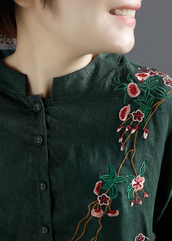 Women Green Embroidery Long Shirts Drawstring Dresses - SooLinen