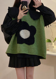 Women Green Floral Cotton Knit Waistcoat Black Shirts And Pleated Skirt Three Pieces Set Long Sleeve