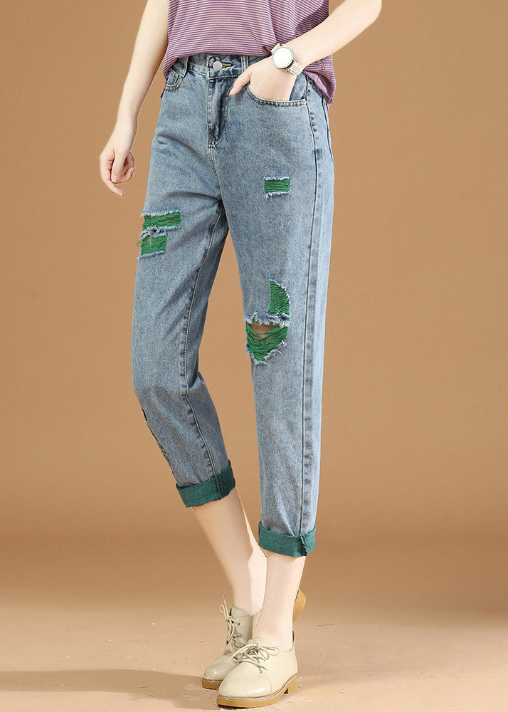 Women Green Graphic Print Patchwork High Waist Denim Crop Pants Summer