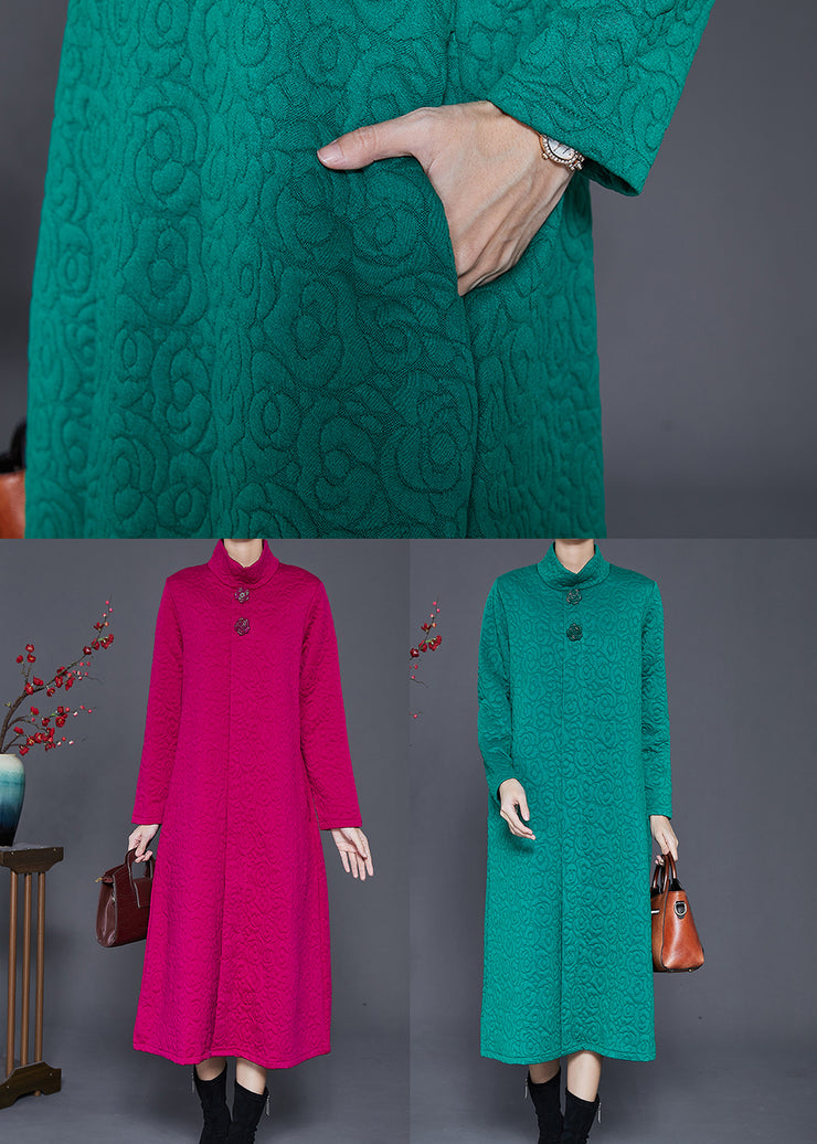 Women Green High Neck Jacquard Cotton Long Dress Spring