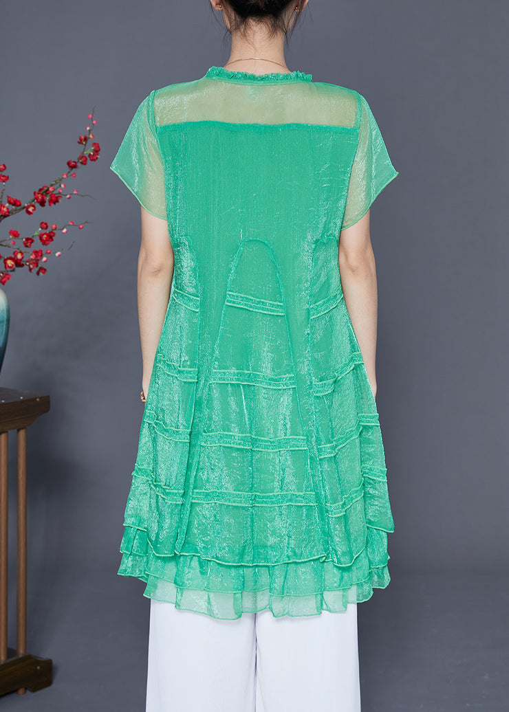 Women Green Hollow Out Patchwork Layered Design Tulle A Line Dress Summer