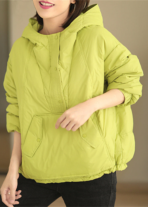 Women Green Hooded Button Patchwork Duck Down Coat Winter