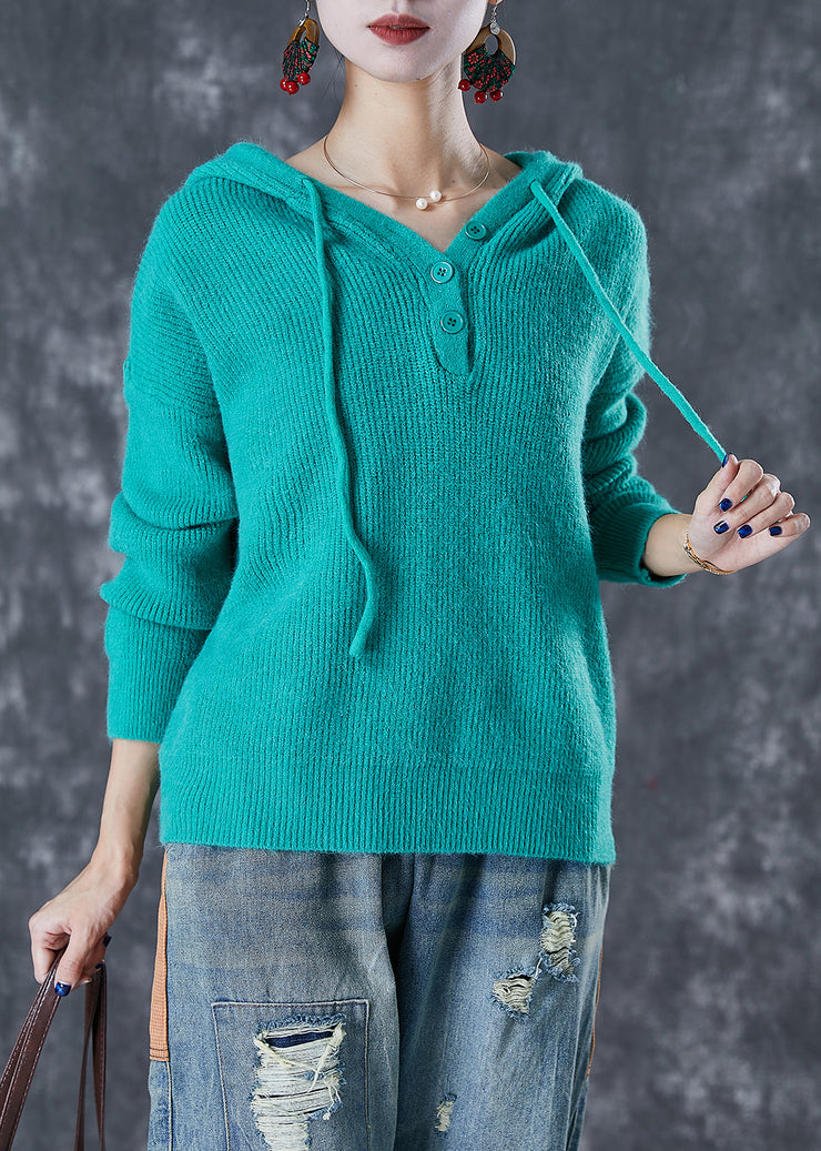 Women Green Hooded Drawstring Knit Sweatshirts Top Fall