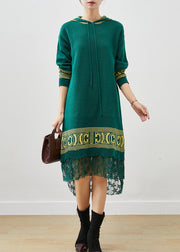 Women Green Hooded Patchwork Lace Knit Vacation Dresses Spring