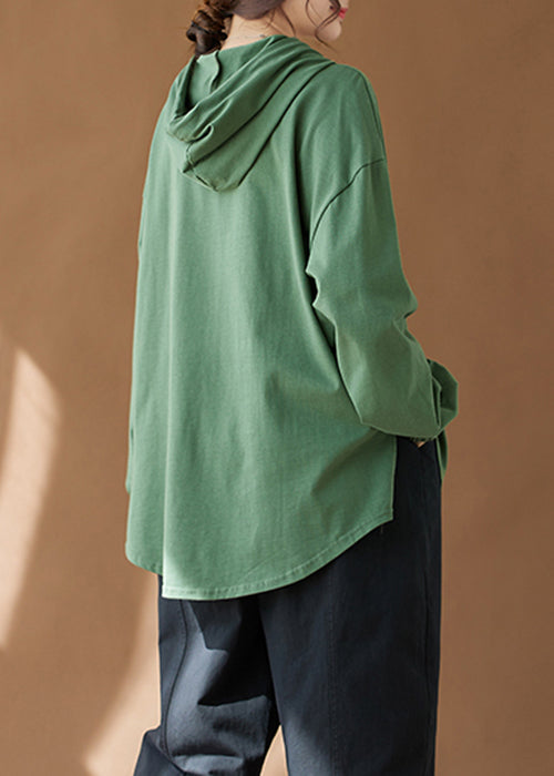 Women Green Hooded Print Side Open Cotton Top Fall