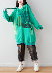 Women Green Hooded drawstring pockets asymmetrical design Print Sweatshirt dresses Spring