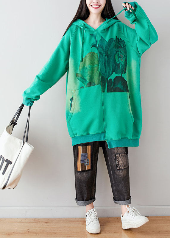 Women Green Hooded drawstring pockets asymmetrical design Print Sweatshirt dresses Spring